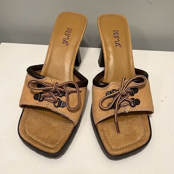Prima Women's Tan Open Toe Block Heel Leather Sandals Size 8M - Picture 1 of 14